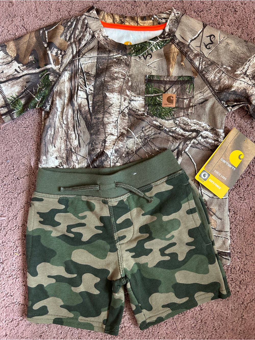 Carhartt Kids Camouflage Tee and Garanimals Shorts in Green and Brown
